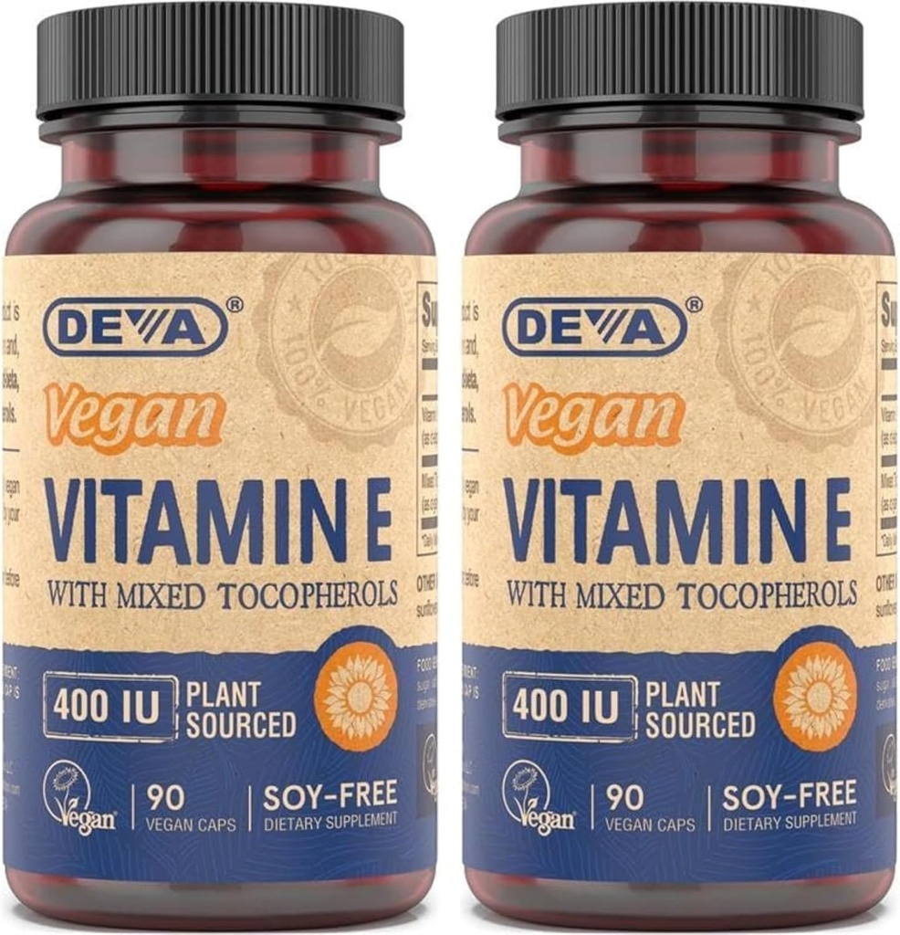DEVA Vegan Natural Source Vitamin E 400IU Qarışıq tocopherols, Soy-Free - 90 Veg Caps (Paket 2)