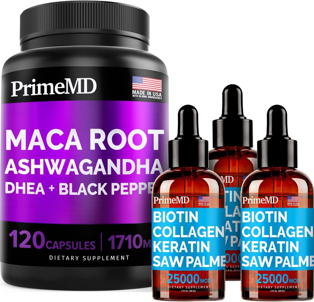 4-in-1 Liquid Biotin Collagen Keratin Saw Palmetto Drops (2 fl oz - 3 Pack) & 6-in-1 Maca Root Ashwagandha w Black Pepper Fruit (120ct) Bundle - Hair, Skin, Nails, Energy & Mood Support Supplement