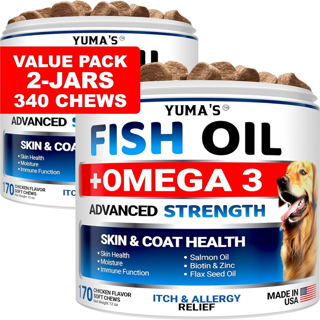 (2 Pack) Omega 3 Visolie voor honden - 170 Kauwen - huid en jas supplement - Omega 3 voor honden - droge en jeukende huidbehandeling - Allergie ondersteuning hond anti vergieten Treats - zalm - kip smaak