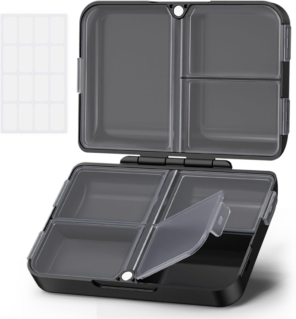 Organizador AUVON Daily Pill Fit with Your Purse or Pocket, Compact Travel Pill Box Case with Slim Folding Design and Long-Lasting Hinges to Hold Vitamin, Fish Oil, Supplement or Jewelry(Black)
