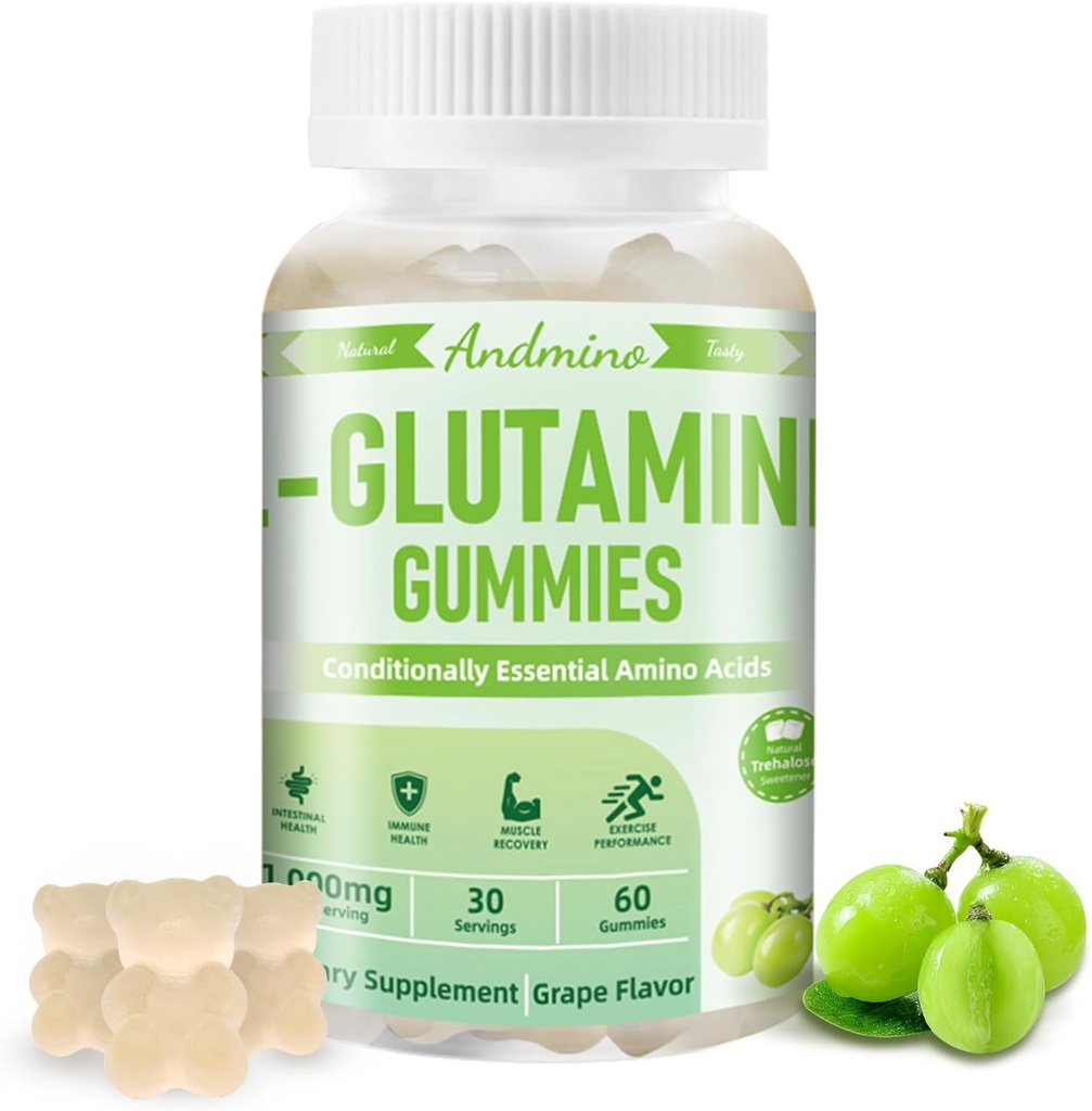 L-Glutamine Gummies 1000 mg, with Trehalose, L Glutamine Supplement Support Intestinal, Boost Immune & Muscle Health, for Adults & Kids, Non-GMO, Vegan, Gluten Free, Grape Flavor, 60