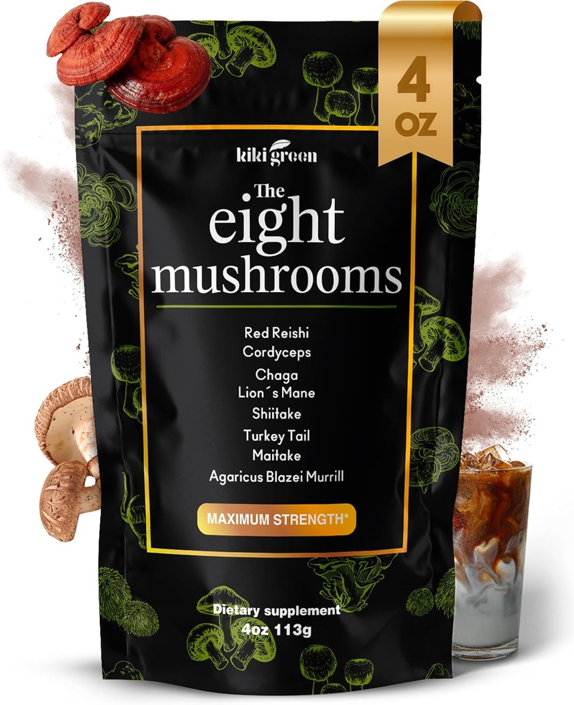 KIKI Green 8 Champignons Powder Extract - 4 oz Adaptogen Complex for Coffee and Smoothies - Lions Mane, Chaga, Reishi, Cordyceps, Maitake, Shiitake - Fokus og energi