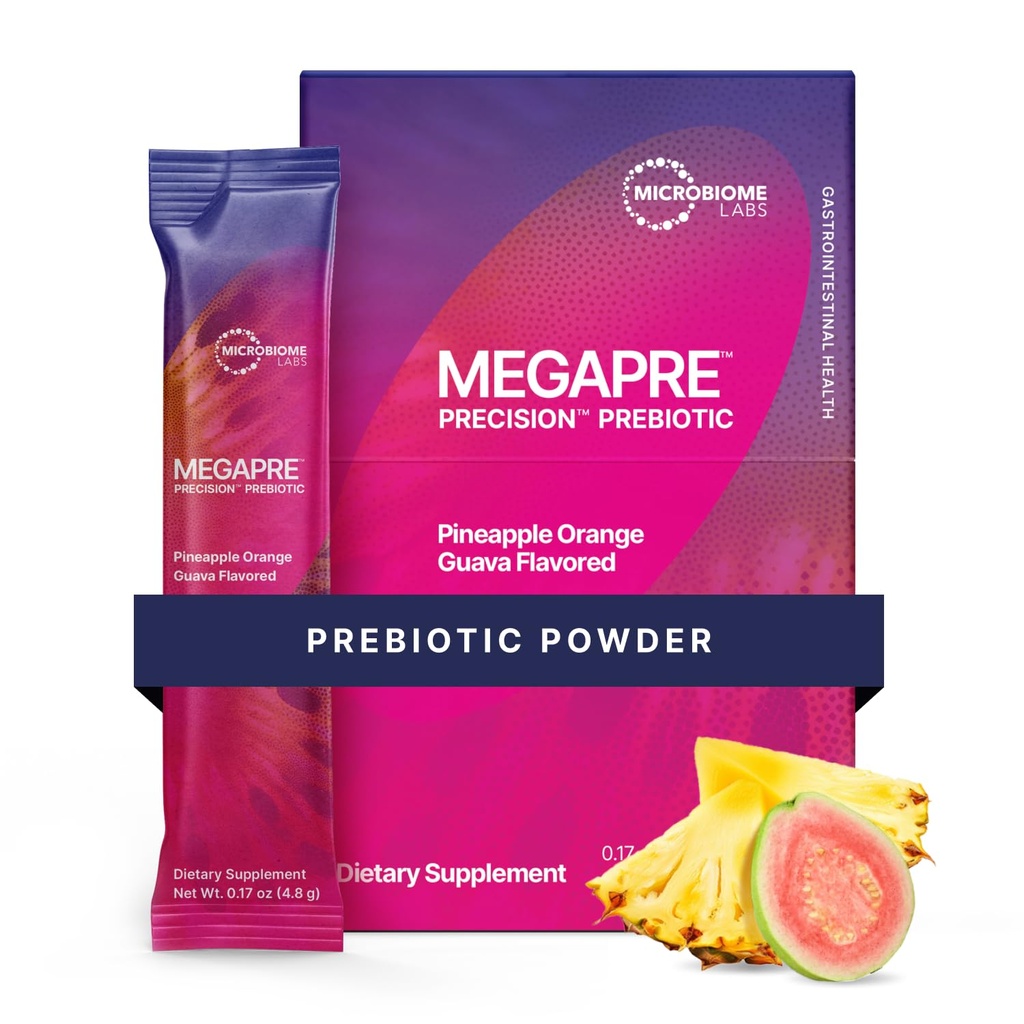 Microbiome Labs MegaPre Prebiotic Fiber Powder for Women, Men & Kids - Pre-Dosed Prebiotic Fiber Supplement Powder with Clinically Tested Oligosaccharides - Pineapple Orange Guava (30 Drink Packets)