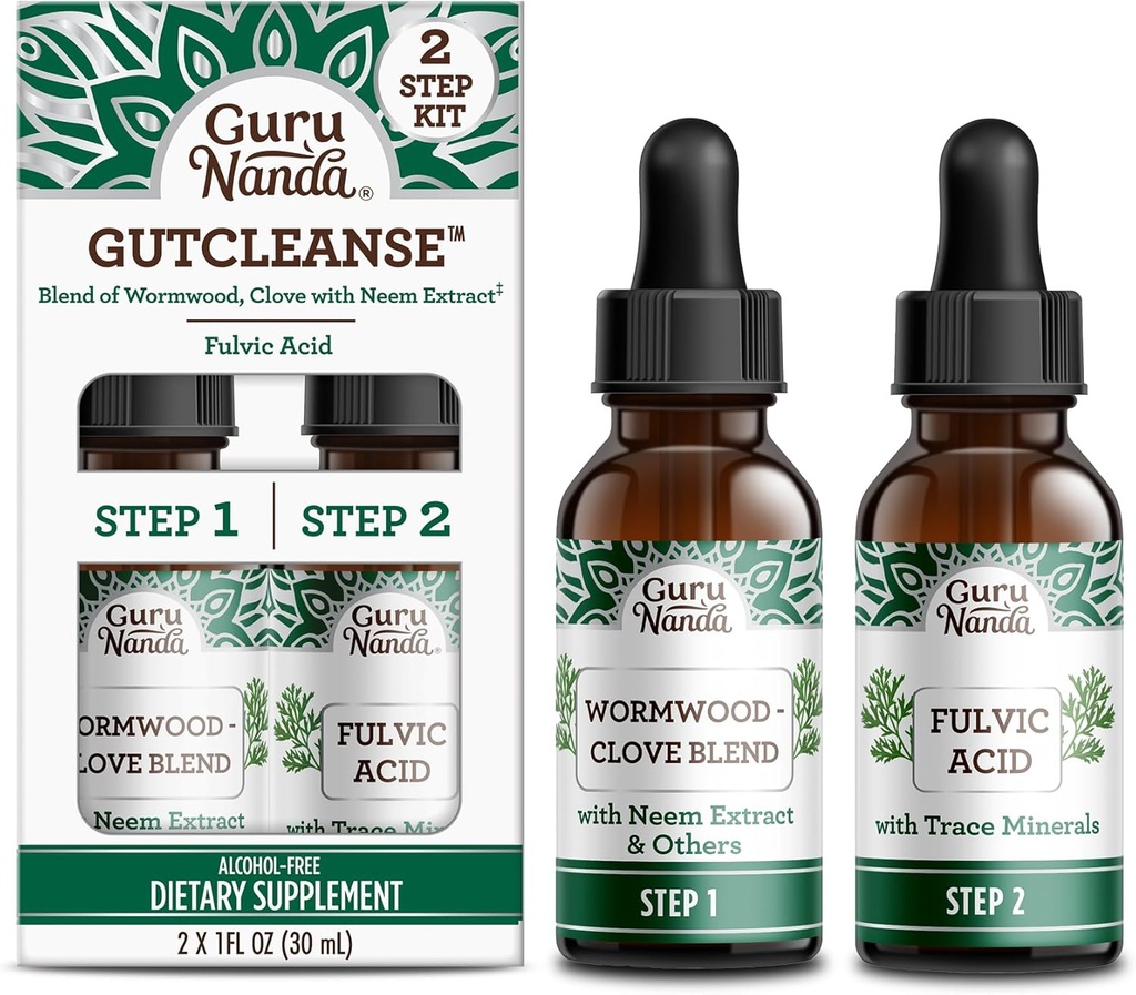 GuruNanda Gutcleanese 2-Step Kit - Хранителна добавка за помощ с digestion - Смес от фулвична киселина, Червейно дърво, екстракт от карамфил и нийм, 2x1 FlOz