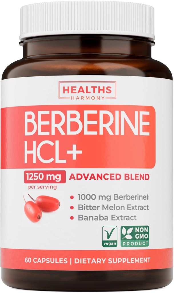 Berberine Supplement (Non-GMO & Vegetarian) Berberine HCL Plus Bitter Melon & Banaba Leaf Extract Capsules - Berberine 500mg Each, 1000mg Per Serve - AMPK Metabolic Activator - 60 Caps (No Pills)