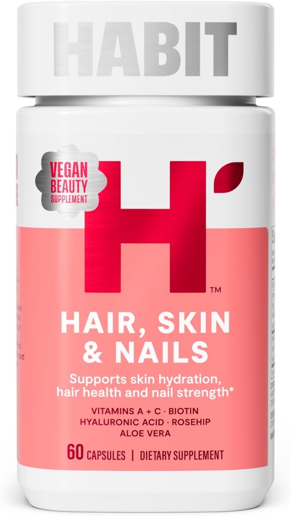 Hair de obicei, Skin & Nails Supliment (60 capsule) - Look nou, Suportă Hidratarea pielii, Hair & Nail Putere, Biotin 2000mcg, Vitamina A & C, Acid hialuronic, Rosehip, Vegan, Non-GMO (1 ambalaj)