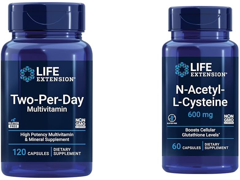 Life Extension Two-Per-Day Multivitamin, Vitamine B, C, D, Zink, 25 Vitamine, Mineralstoffe & Extrakte, 120 Kapseln Bundle mit N-Acetyl-L-Cystein (NAC) 600 mg, 60 Kapseln