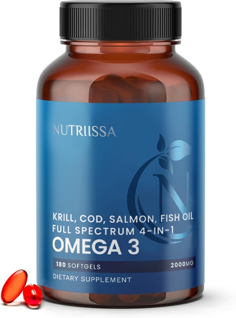 Nutriissa Full Spectrum Omega-3 – 2000 mg Oil Blend (Krill, Cod " Salmon Oil) – 1175 mg Omega-3 (EPA, DHA " DPA) – EPEB Certified, 3-Month Supply – Heart, Brain " Joint Support – 180 Halal Softgels