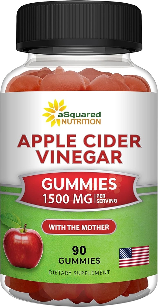 aSquared Nutrition Apple Cidru Otet Gumries - 1500 mg cu Mama - 90 ACV Gummies w/Vitamin B6 & B12, Acid folic - Vegan Gummy Supliment alternativ la capsule pastile & băutură