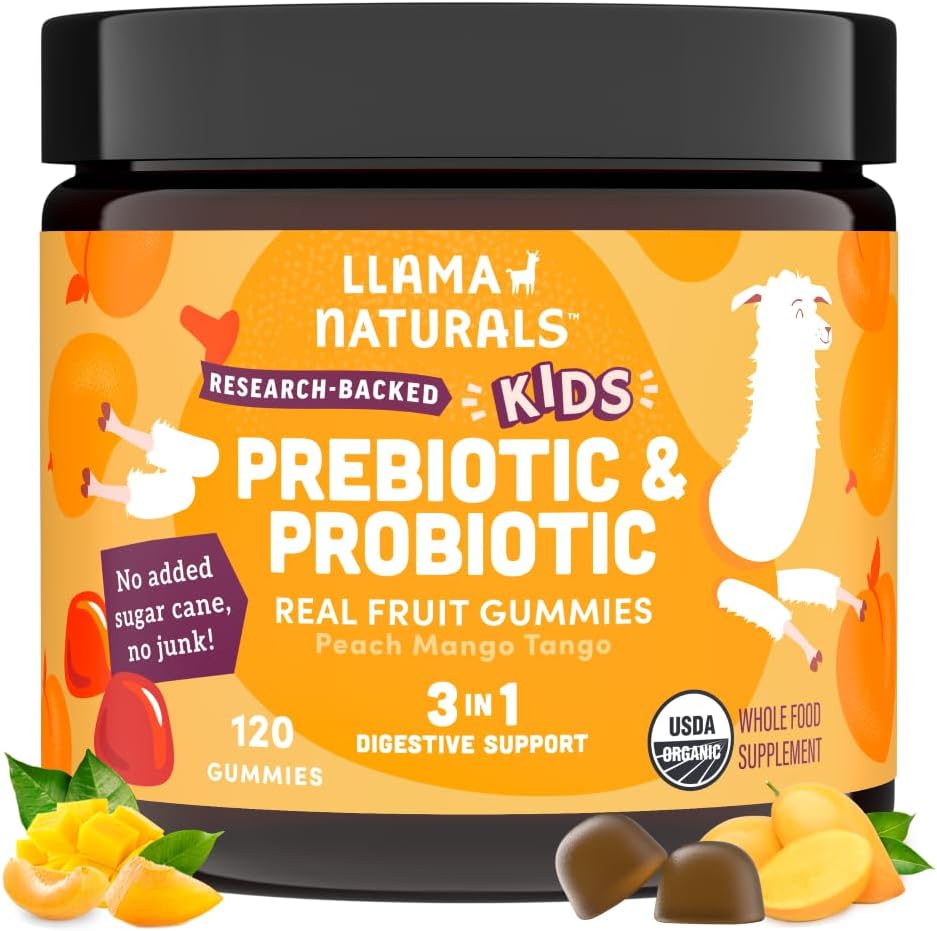 Llama Naravoslovni otroci Probiotik s prebiotično Fiber, Vegan, Organic Prebiotics in Probiotics Gumies za Gut Health Support, Toddler Real Fruit Gummy Vitamini, Brez dodanega sladkornega trsa, Peach Mango, 120 Ct