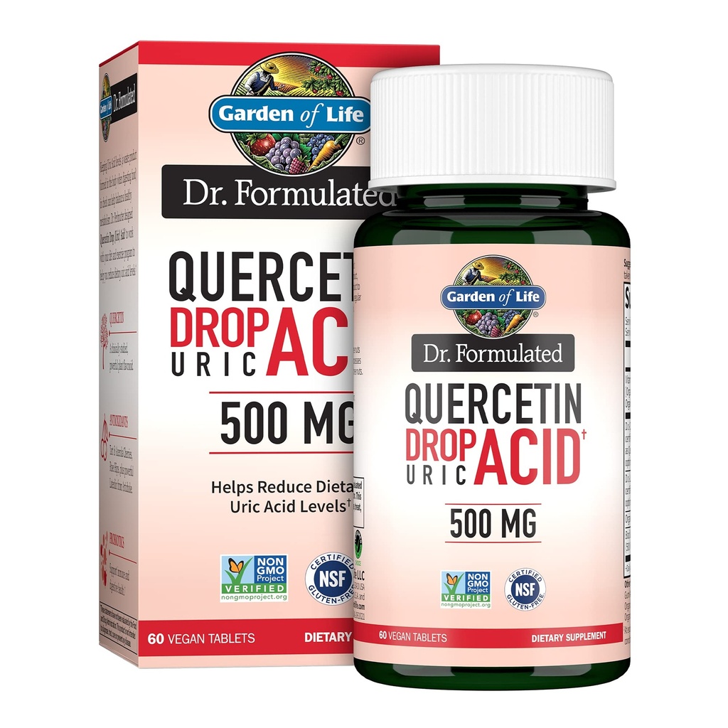 Garden of Life Dr. Formulated Quercetin Drop Uric Acid Support with Tart Cherry Extract, Vitamin C & Luteolin – Probiotic, Gluten-Free, Non-GMO, Vegan, 60 Tablets