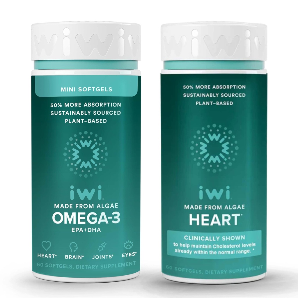 Iwi Omega-3 Minis & Heart Omega-3 Bundle, 30 Servings, Vegan Plant-Based Algae Omega 3, Krill & Fish Oil Alternative, No Fishy Aftertaste