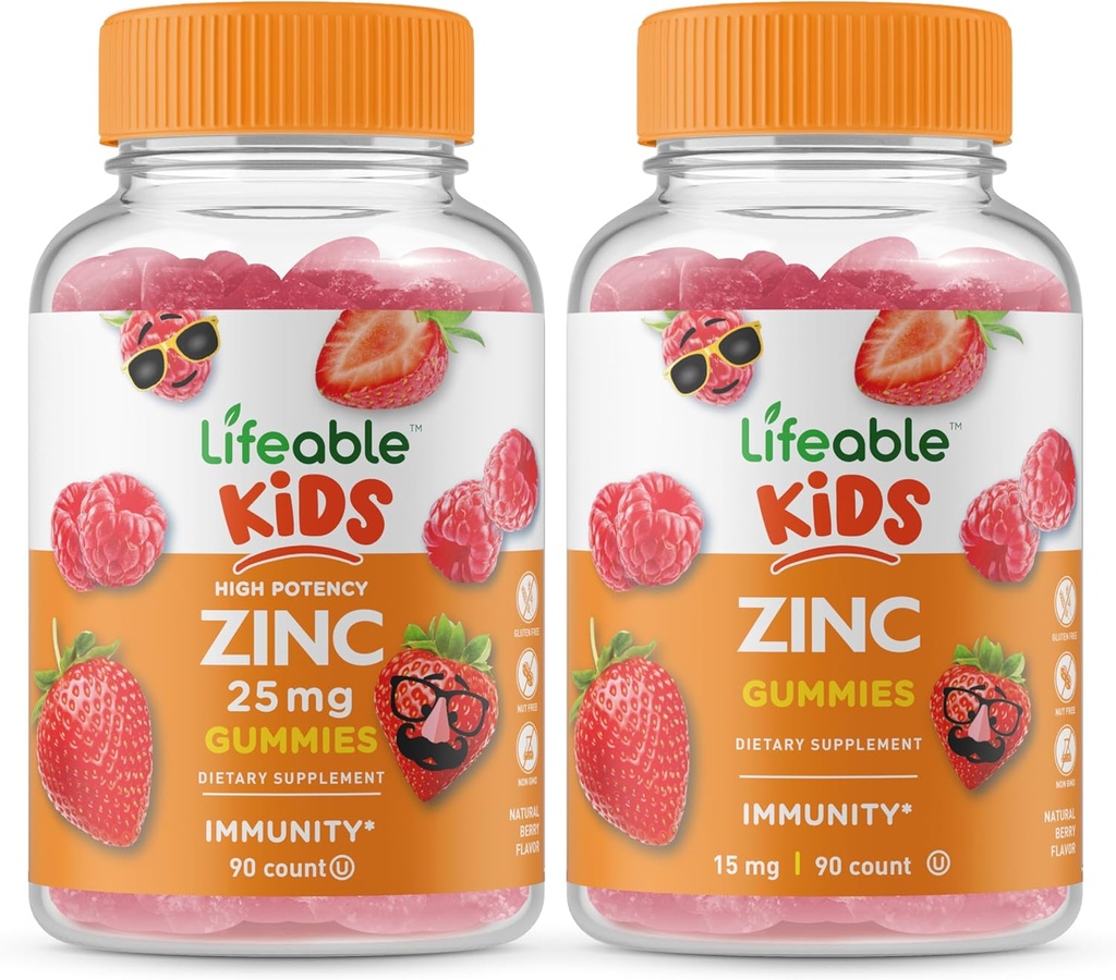 Zinco vivo 25mg Crianças + Zinco Crianças, Gummies Bundle - Grande degustação, Suplemento Vitamina, Gluten Free, GMO Free, Gummy mastigável
