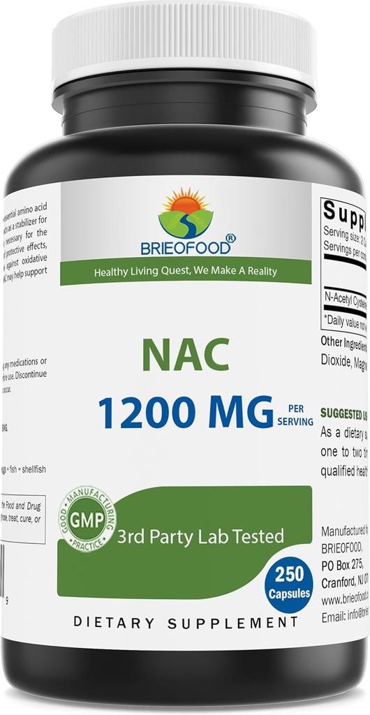 Brieofood NAC Supplement N-Acetyl Cysteine 1200 mg per servering 250 kapsler - Immunstøtte Supplement