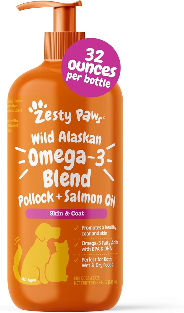 Zesty Tassut Wild Alaskan Omega-3 Blend Pollock + Lohi öljy koirille ja kissat- iho ja takki tuki, Omega 3 täydentää lemmikkieläimet, 32oz