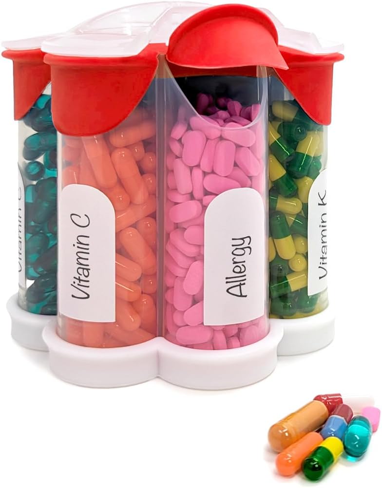 Extra Large Pill Organizer Daily, Weekly, Monthly Supplement Bottle, Cute Blossom Pill Dispenser med 7 XL Compartments, Easy-Open Pill Box för vitaminer, Mediciner, Etiketter Inkluderade (Red)