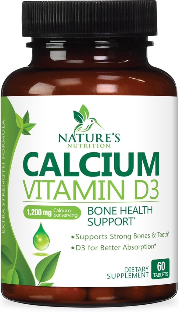 תוסף Calcium 1200 מ"ג - עם ויטמין D3 עבור Best Absorption - תמיכה בריאות החיסון, עצמות ושיניים - Calcium Carbonate + 1600 IU של D3 - בבקבוק בארה"ב עבור נשים וגברים - 60 טבליות
