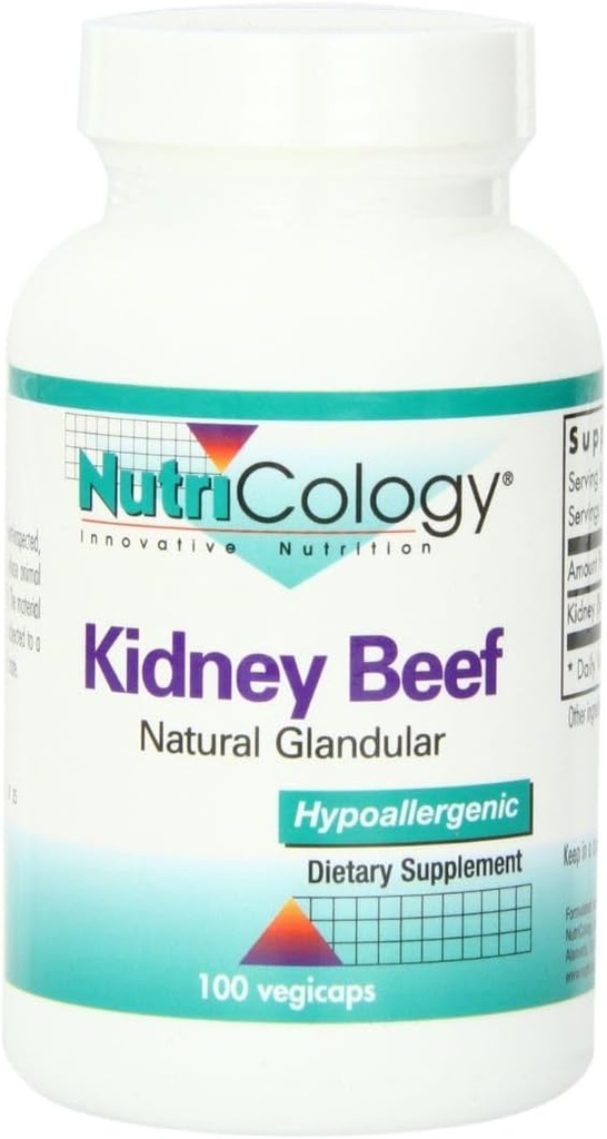 Nutriologia Kidney Beef suplementari - Natural Glandular, aturat, Bovine, Lyrofilitzada, Orgue Beef, 500mg Vegetarian Capules - 100 comte