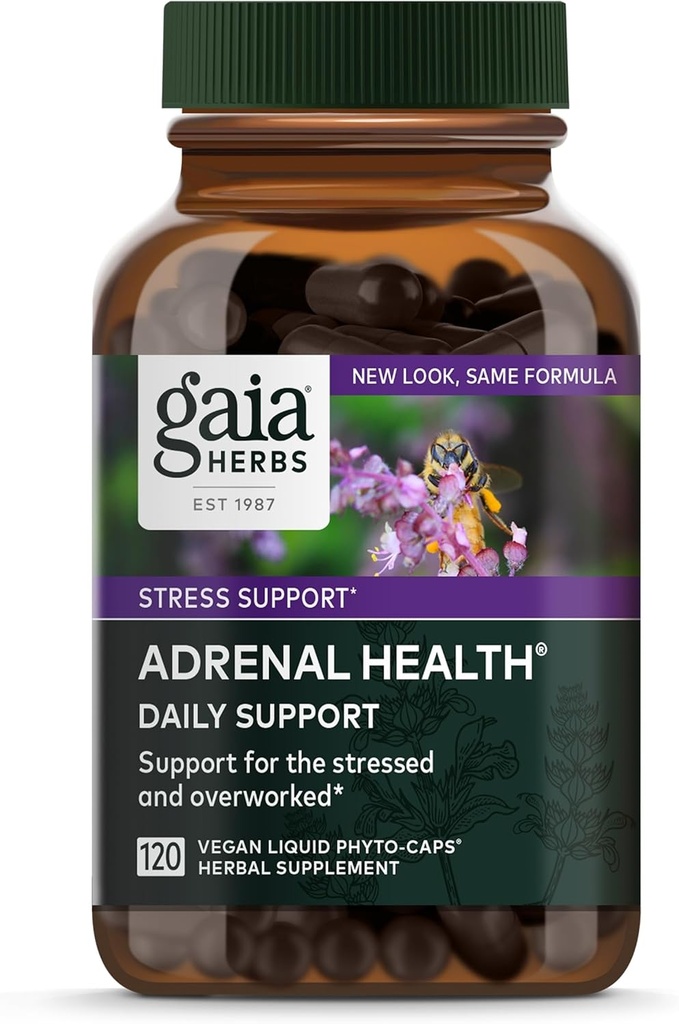 Gaia Herbs Adrenal Health Daily Support - Bylinný dodatek s Ashwagandha, Holy Basil & Schisandra - Nápověda udržet zdravou energii a stresové hladiny * - 120 Vegan Liquid Phyto- Kapsle (120- Day Supply)