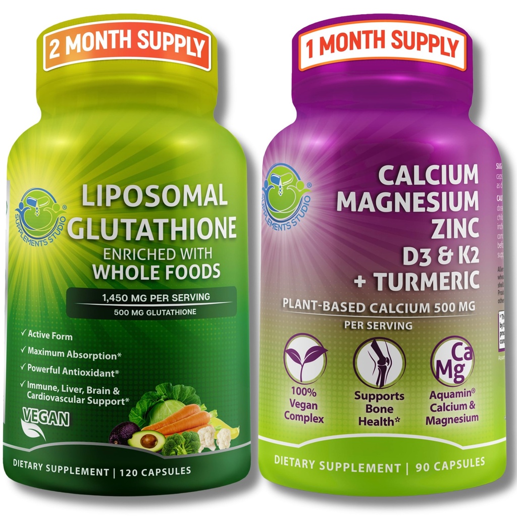 SUPPLEMENTS STUDIO Liposomal Glutathione 500mg Enriched with Organic Whole Foods + Plant-Based Calcium, Magnesium, Zinc, D3 & K2 with Turmeric – Vegan, Non-GMO, Clean Daily Wellness Support