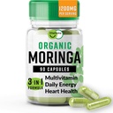 Organic Moringa, Nutriente-Dense Antiossidante Supporto con Vitamina C, A, E, Calcio, Potassio, Ferro, Magnesio, Proteine e Aminoacidi per Idratazione & Energia, Vegan, 1200 MG Per Serving, 90 CT
