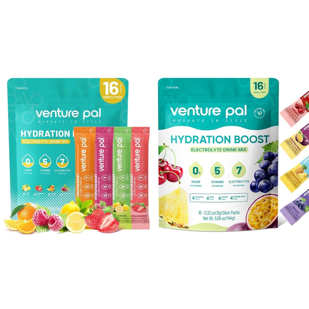 Venture Pal Sugar Pul Pulsuz Electrolyte Toz Packets - Fast Hydration & Party Recovery üçün maye IV İçki / 5 Vitamin & 7 Electrolytes / Keto Dostu / Qarşı-GMO / Sertifikatlaşdırma