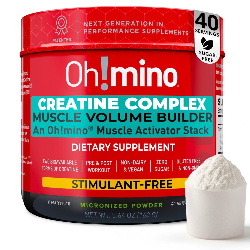 Oh!mino Creatine Complex for Muscle Growth. Micronized Creatine Monohydrate and Hydrochloride with Adaptogens. Perfect for Women and Men. Refreshing Zero Carb Lemon-Lime, 40 Servings