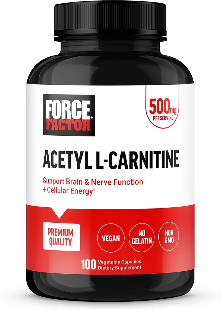 Force Factor Acetyl L-Carnitine Brain Supplement, Nerve Support Supplement och Cellular Energy Booster, Acetyl L-Carnitine 500mg, Premium Quality, Vegan, Non-GMO, 100 Vegetable Capsules