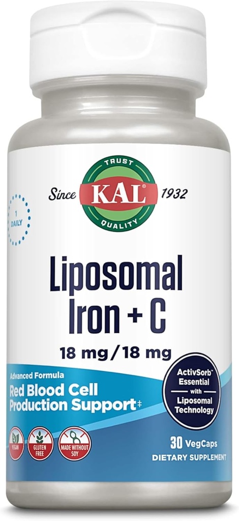 KAL Liposomal Iron supplement with Liposomal Vitamin C, Iron supplement for Women and Men, High Abrption, Gentle Iron Pills, Vegan, Gluten Free, 30 Servings, 30 VegCaps