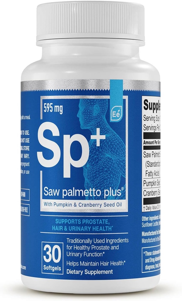 Saw Palmetto Plus - Suplemento de saúde Prostate para homes con Pumpkin e Cranberry Seed Oil | Soportes Bladder e saúde urinaria por elementos esenciais - 60 Softgels