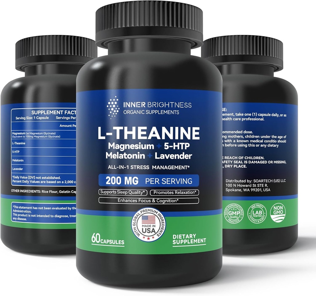 L Theanine 200 mg, magnesium, 5- HTP & melatoniini . All-in-1 L-Theanine Supplement for Stress Relief, Focus & Cognition, Uni - 60 kapselia