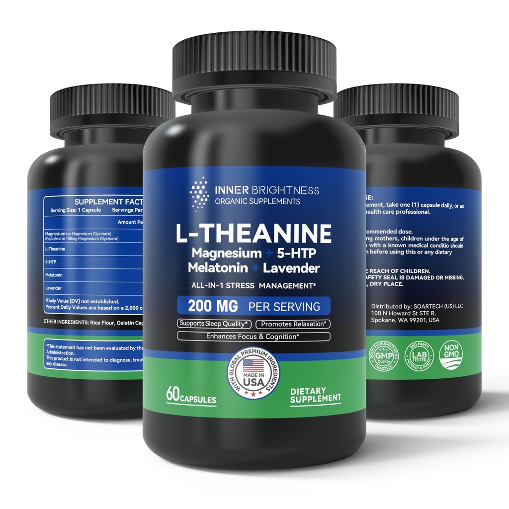 L Theanine 200mg, Magnesium, 5-HTP & Melatonin – All-in-1 L-Theanine Supplement for Stress Relief, Focus & Cognition, Sleep - 60 Capsules