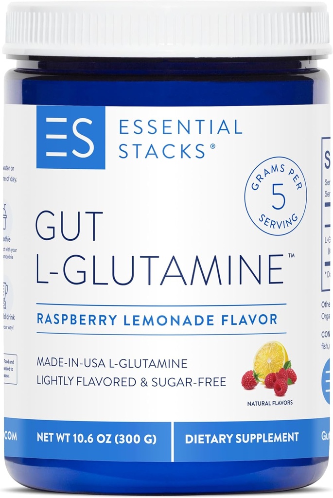 Esenciales Gut L-Glutamine Powder - Exclusivamente Hecho en Estados Unidos - Pure L Glutamine Powder for Gut Health (50 Servings, Raspberry Lemonade)