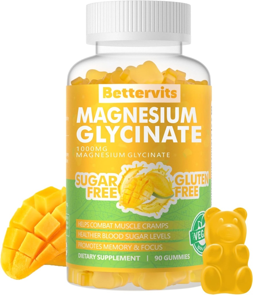 90 CT Magnesium Glycinate Gummies 1000mg - Sugar Free Magnesium Potasium Suplemen dengan Vitamin D, B6, CoQ10 untuk Calm Mood & Support - 90 Mangga Pineapple Gummies