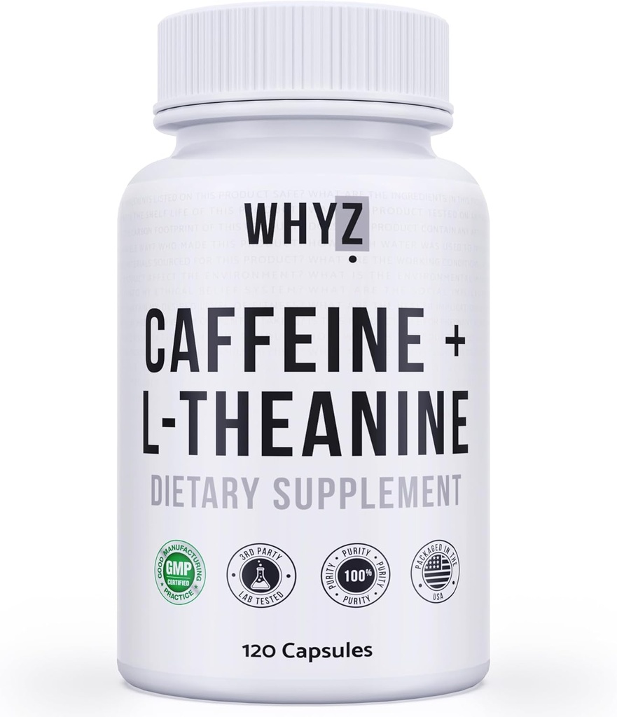 WhyZ Caffeine Pills with L-Theanine, 120 kapsulak, Nootropic Stack Energy Pills, Energia Iraunkorraren Fokua eta Funtzio Kognitiboa, L Theanine Caffeine Energy Supplements for Women and Men