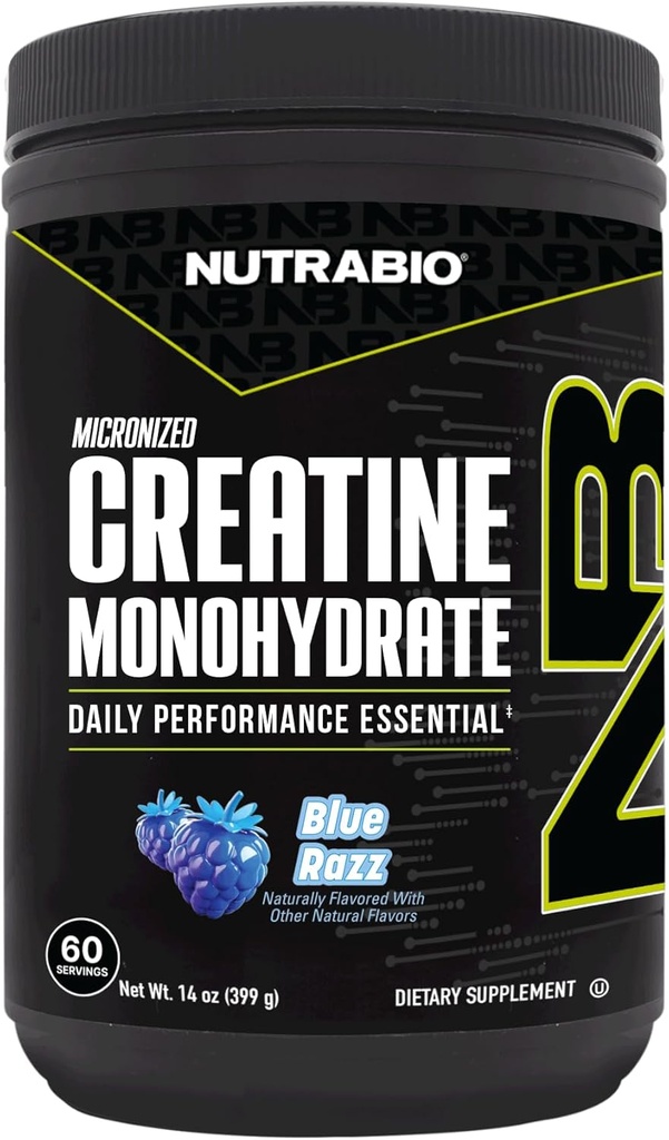 NutraBio Pure Micronized Creatina Monohidrato Suplemento en po, Blue Razz (300 g) - soporta a enerxía muscular Bulk, recuperación e forza - HPLC Testado Suplemento en po de creatina para homes e mulleres