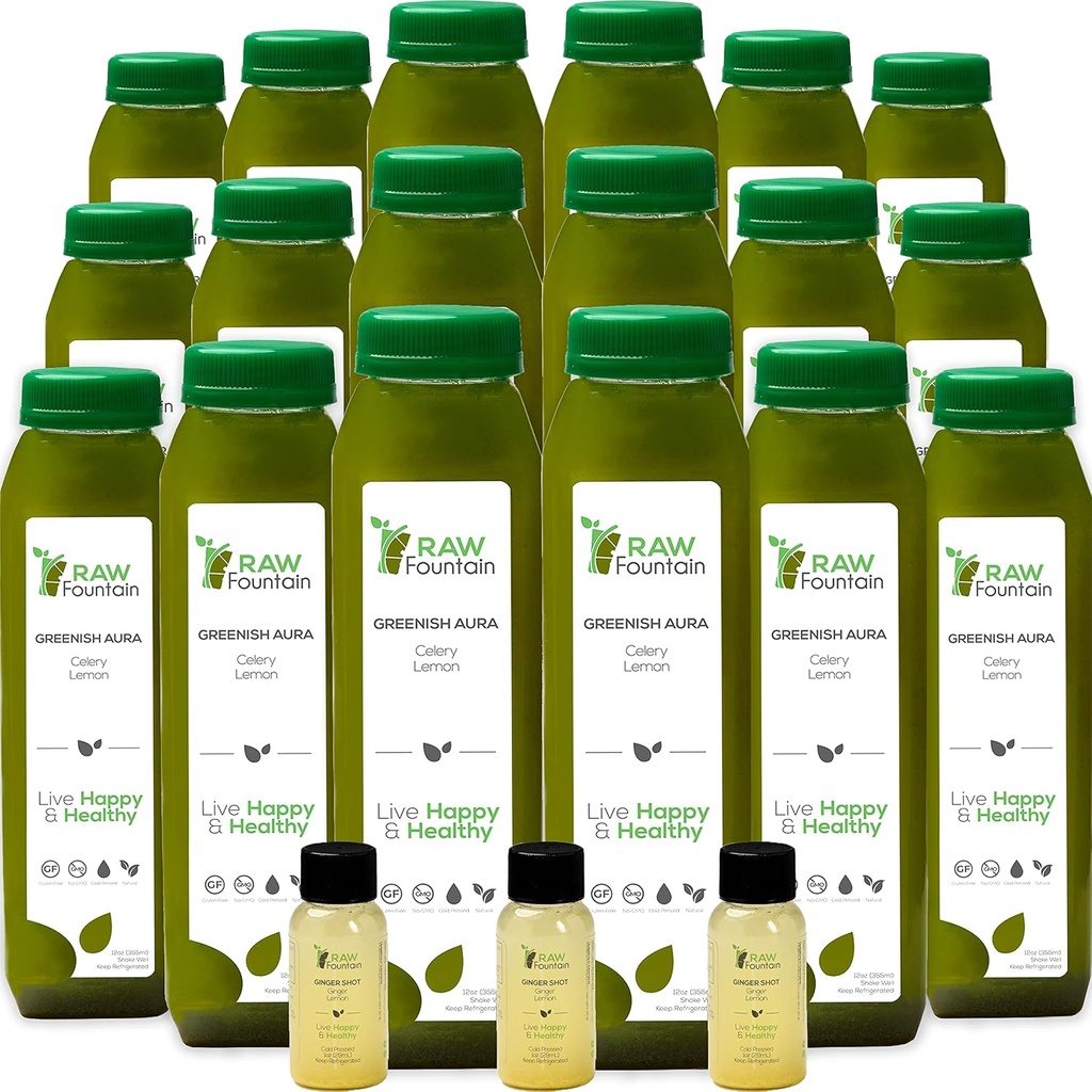 Celery Juice Cleanse av Raw Fountain, All Natural Raw, Cold Pressed Juices, Morning Detox Cleanse, 30 Bottles 12oz, 5 Bonus Ginger Shots
