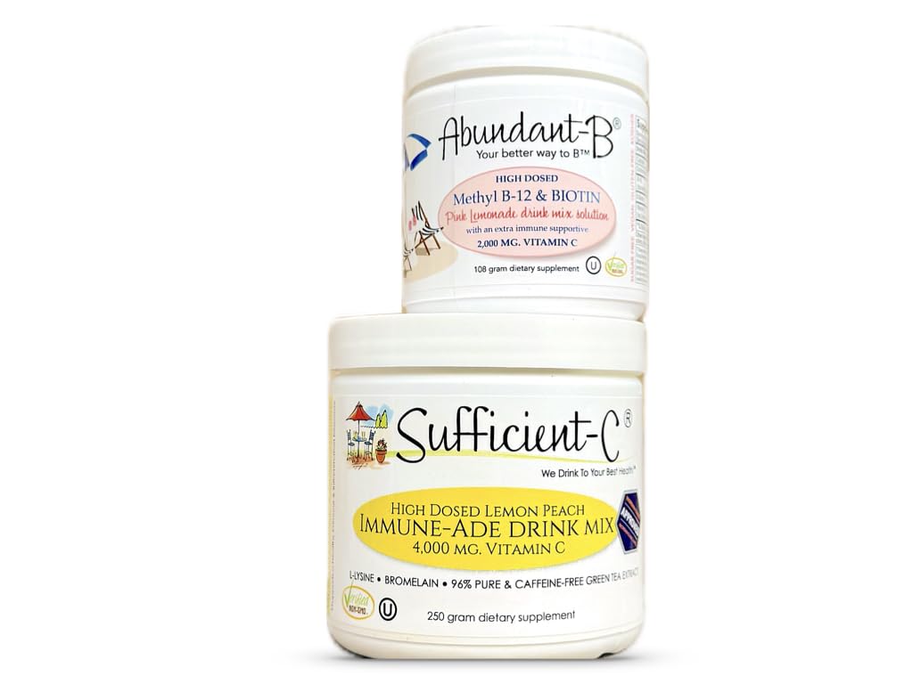 Sufficient-C 250 gram Vitamin C Immune-ade Drink Mix and Abundant-B high dose B-12 and Biotin Pink Lemonade Drink Mix Solution