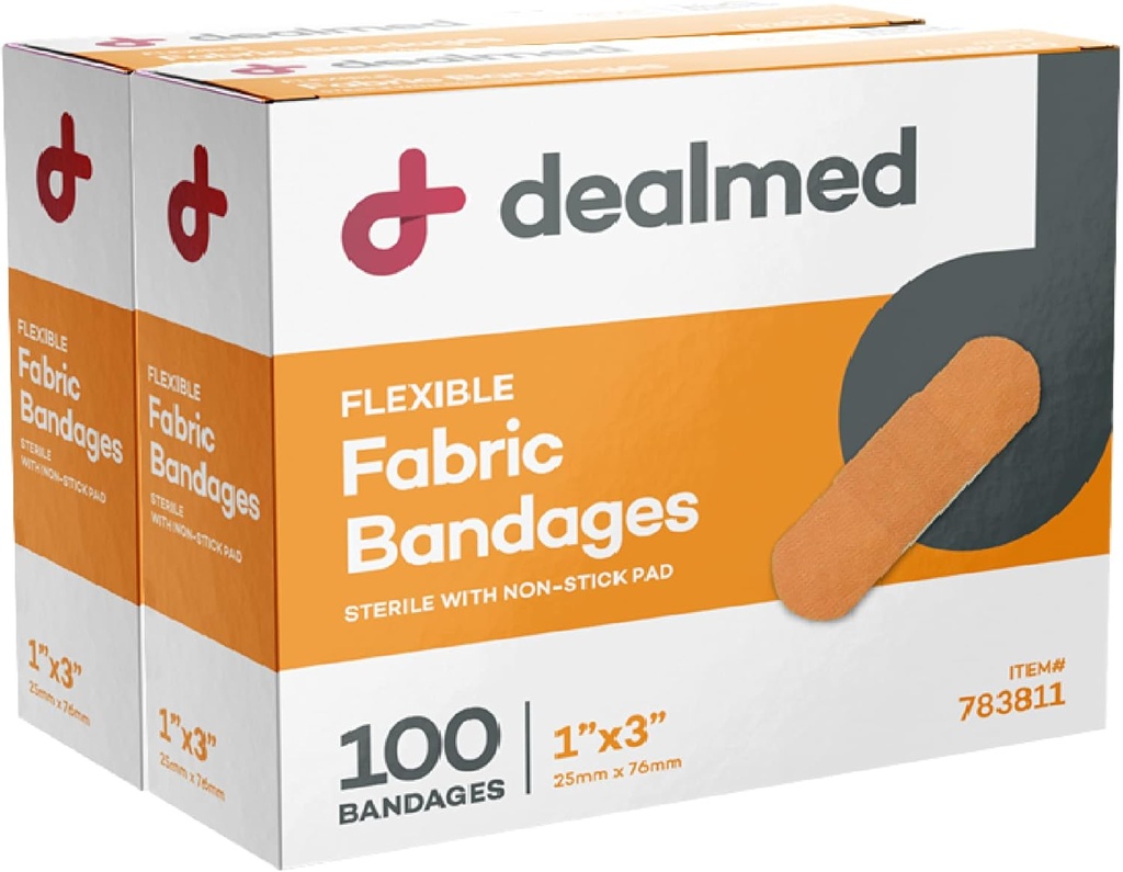 Dealmed Sterile Flexible Fabric Adhesive Bandages - 1x3 Inch - 100 / Box - 2 Doboz - Légzőszervi elsősegély csomag - Soft Stretch Sebtapasz orvosi, sürgősségi és klinika