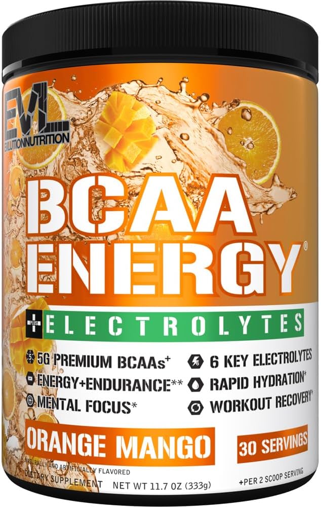 EVL BCAAs Аміно Acids порошок - BCAA Energy Pre тренування порошок для відновлення м'язів Lean зростання і витривалість - Зволоження після тренування Пити з 6 Key Electrolytes - Orange Mango