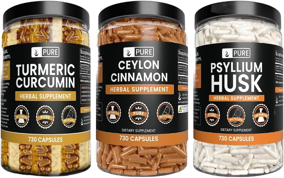 PURE ORIGINAL INGREDIENTS Ceylon Cinnamon, Psyllium Husk, dan Turmeric Capsule Bundle (730 Capsules Setiap), Tidak ada Magnesium atau Rice Fillers