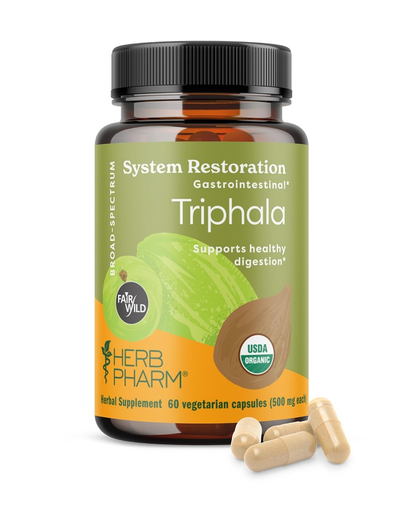 Herb Pharm Triphala Capsules: USDA Organic Cleansing & Detoxification Support & Digestive Health Support with Amla, Haritaki & Bibhitaki, FAIRWILD® Certified | 60 Vegan Capsules, Up to 30 Day Supply*