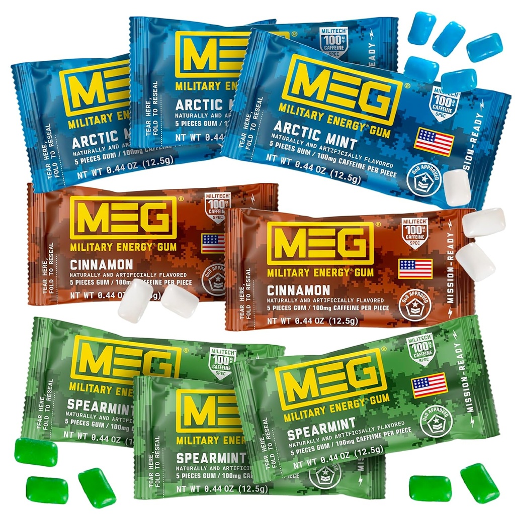 MEG - Energia Militar Gum ßa 100mg de Caffeine Per peces + Augmenta el rendiment físic + Booster + Multi Flavors de Mint Àrtic, Sparmint, & Canyella + 8 paquets (40)
