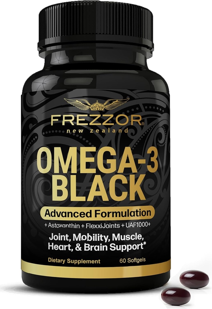 FREZZOR Omega 3 Black for Joint Care & Comfort - 新西兰绿色浸泡贻贝油盖;53x 具有UAF1000+超级抗氧化剂的高潜性,无鱼型余酸,1-Pack,60软胶