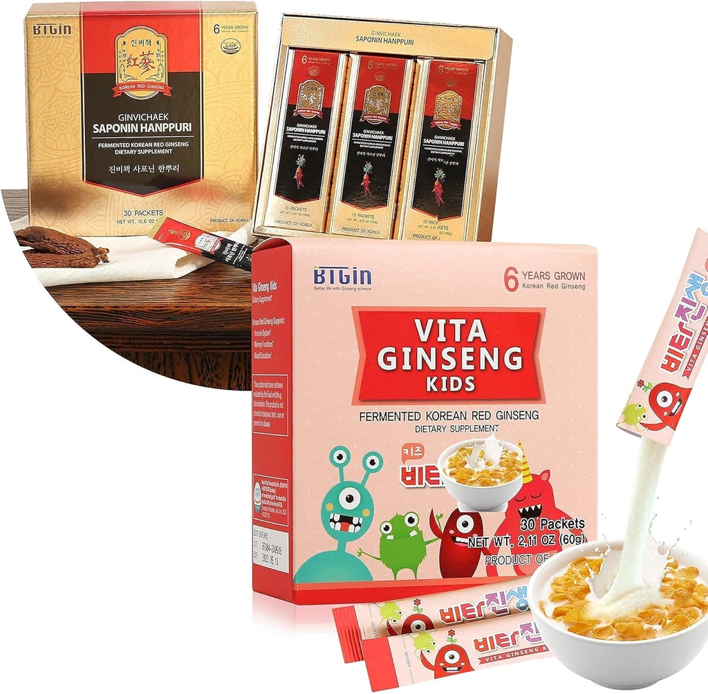Saponin Hanppuri Immune and Stamina Boost + VITA Ginseng Kids Immune Support and Memory Function for Children Premium Bundle