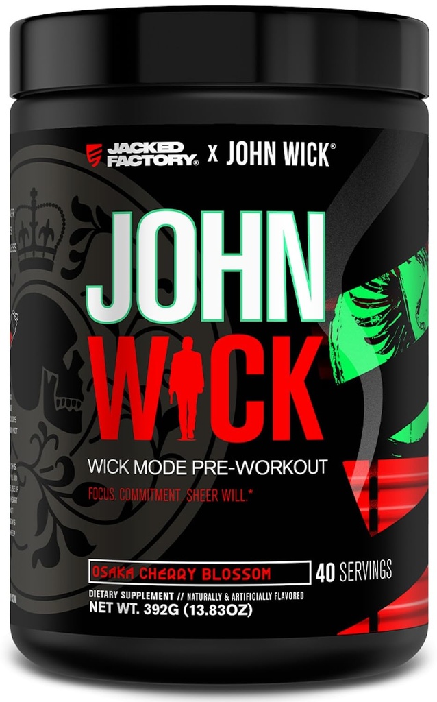 Jacked Factory X John Wick - Wick Mode Pre Workout Powder - Intense Energy, Battle-Ready Focus, Unstoppable Commitment, and Sheer Will - 40 Servings, Osaka Cherry Blossom