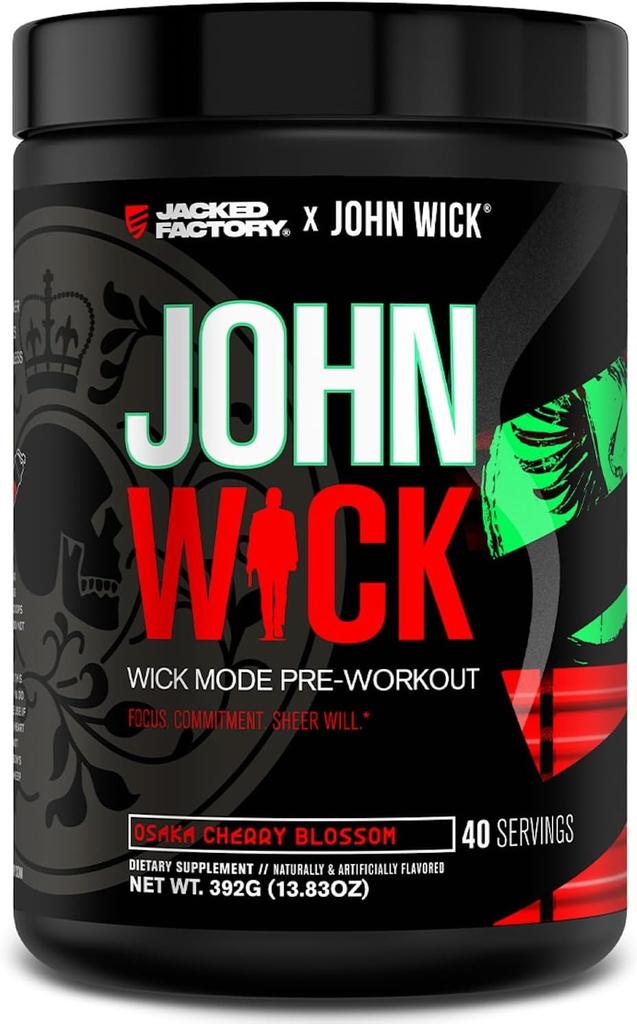 Jacked Factory X John Wick - Wick Mode Pre Workout Powder - Intense Energy, Battle-Ready Focus, Unstoppable Commitment, und Sheer Will - 40 Servierungen, Osaka Cherry Blossom