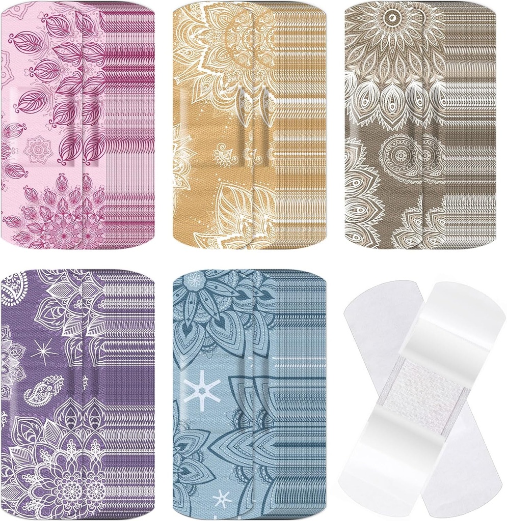 120 Pcs Kangas Liima Joustava Bandage Bulk Lajitellut muodot ja kuviot Pieni värikäs Kaunis Kangas Bandges Non Stick Pad 3 x 1 tuuman Leikkaukset Haava Scrapes Naisten(Mandala)