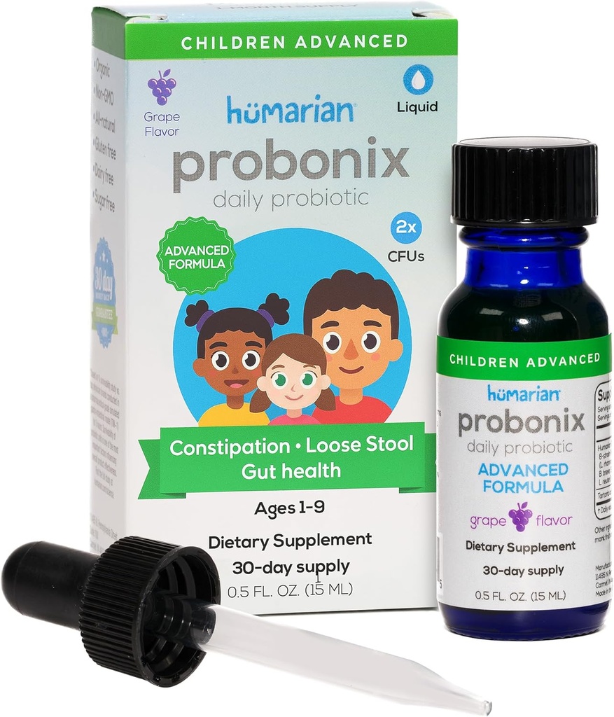 Humarian Probonix Advanced Liquid Probiotics vaikams 30 lbs and Up - 8 -padermės vaikams Probiotiniai lašai stiprinti Gut Health, Immunity and More - 30 dienų tiekimo - Skanus vynuogių skonio