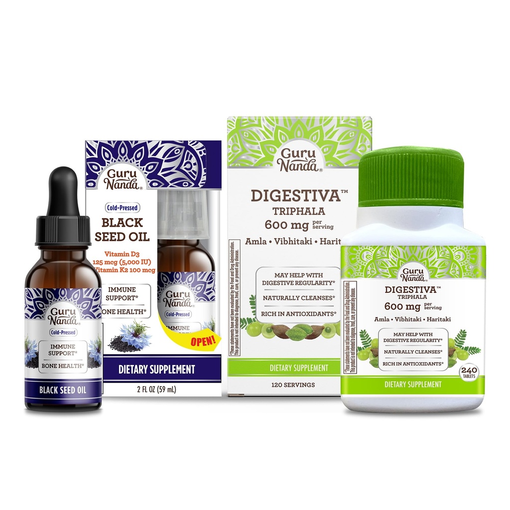 GuruNanda Black Seed Oil, Cold-Pressed Nigella Sativa - Rich in Vitamin D3 5000 Units & Digestiva Triphala (240 Tablets), Supports Digestion, Helps with Bloating